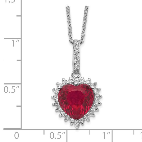 925 Sterling Silver 100 Facet Lab Created Ruby & White CZ Heart Halo 18"Necklace - Picture 4 of 5